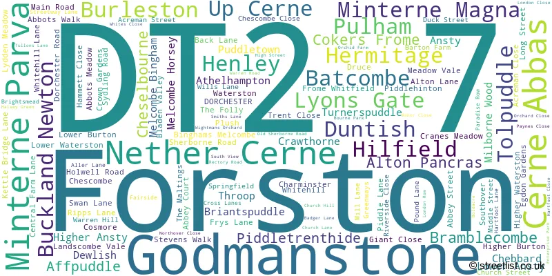 A word cloud for the DT2 7 postcode